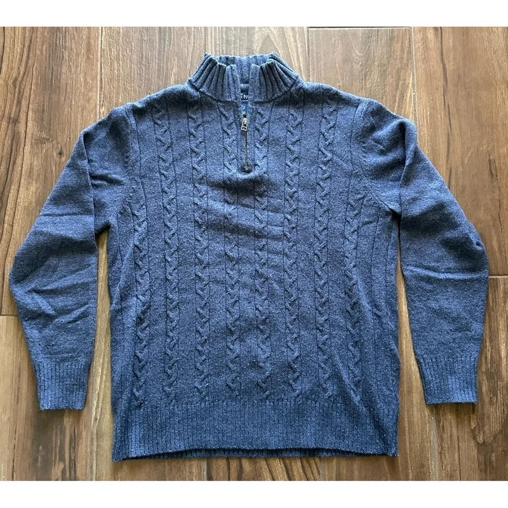 Savile Row Company Mens Blue Lambswool Blend Cable Knit Quarter Zip Sweater L
